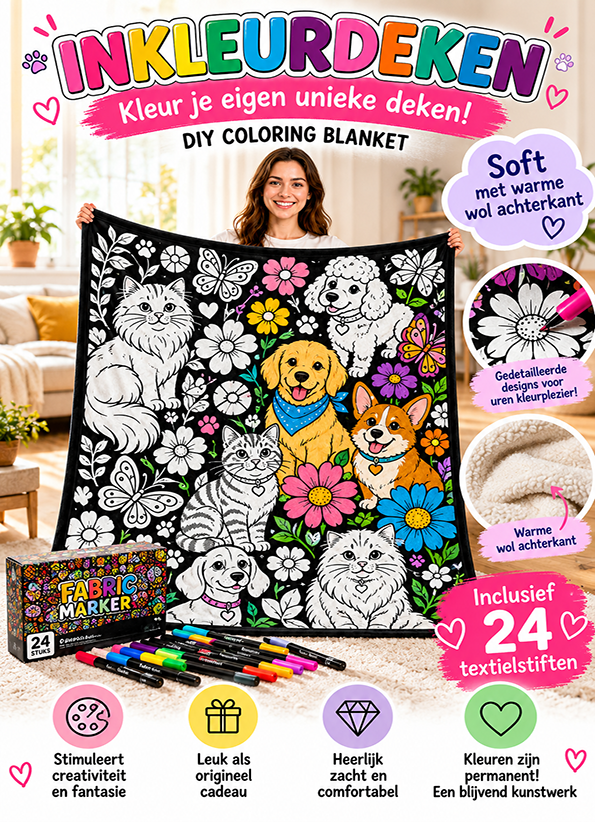 Plaid à colorier grand chiens &amp; chats soft avec laine / 24 couleurs