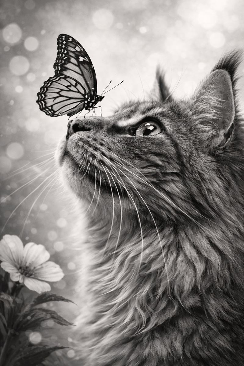 Poes met vlinder op neus